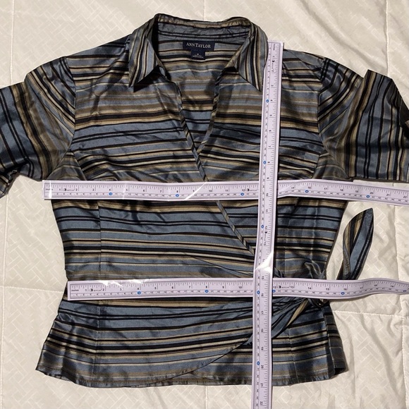 Ann Taylor Striped 100% Silk Wrap Blouse - Picture 2 of 16